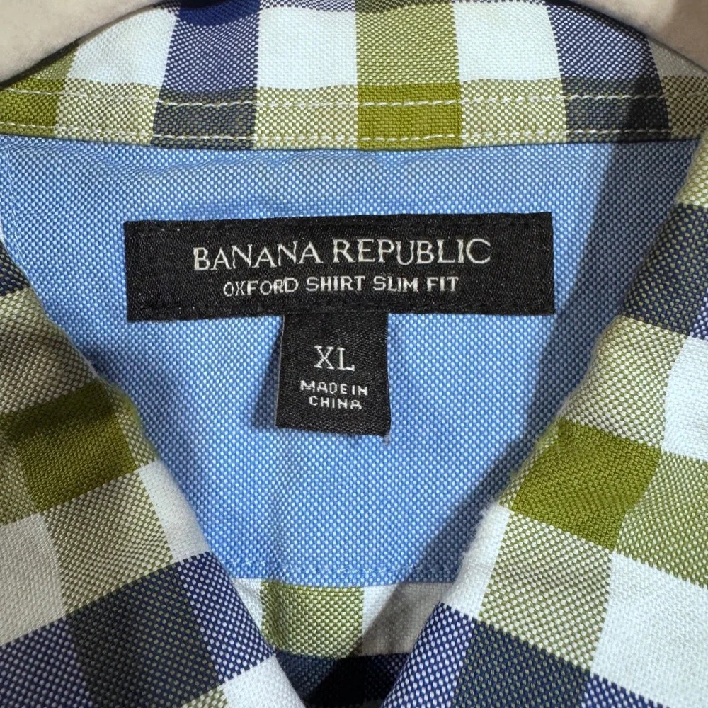 Banana Republic Oxford Shirt Woven Green Blue Gingham XL Slim Fit Button Down
